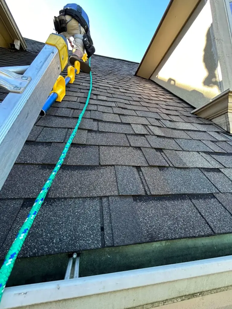 Image of a roofing contractor ascending a yellow and blue ladder secured to the roof, wearing a tan shirt, blue backpack, and harnessed to a green and blue safety rope. He works on a dark gray shingle roof with a clear blue sky above.